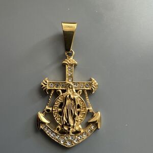 Gold Plated Cross Anchor Virgin Mary Stainless Steel Pendant 24” Necklace Jesus